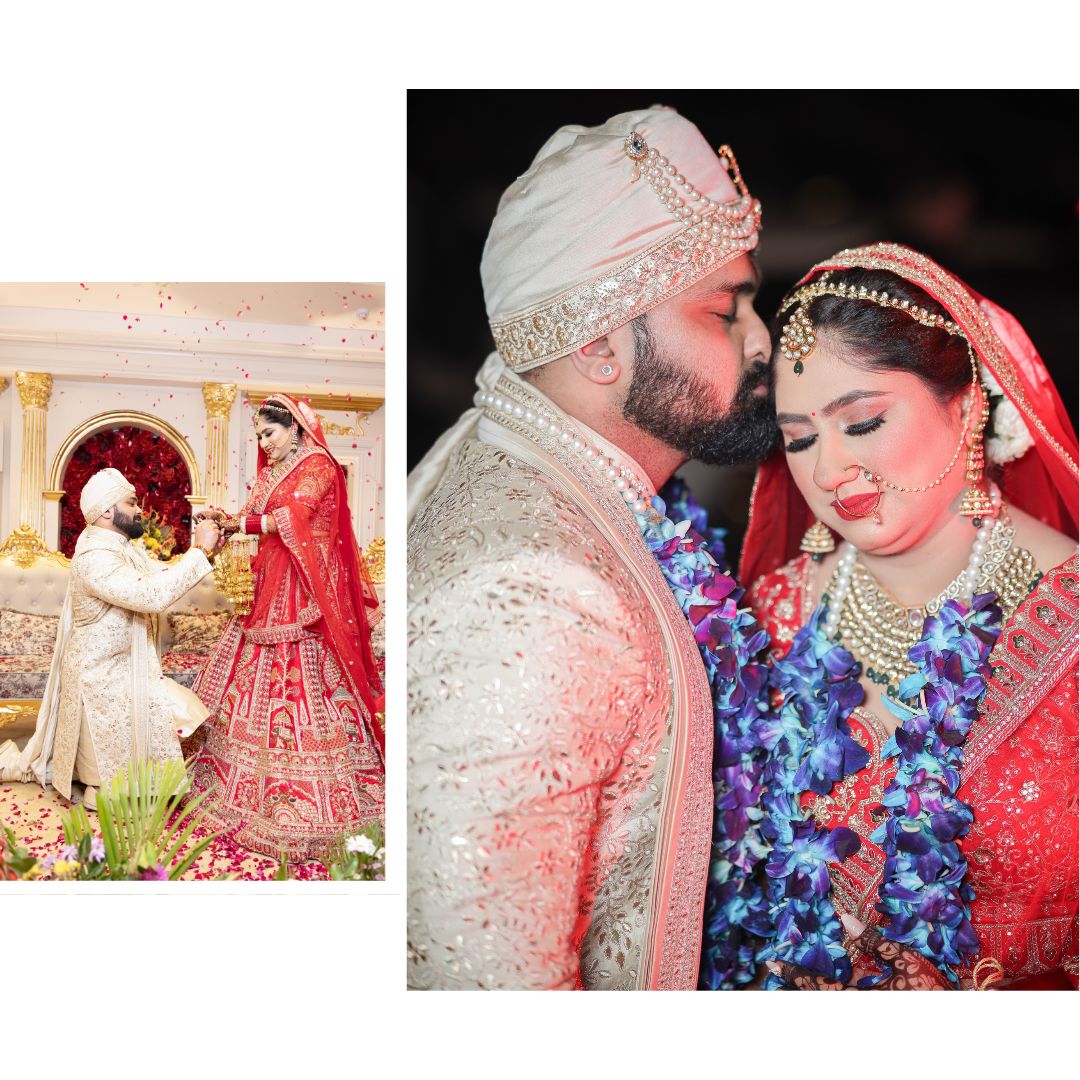Bride and groom in traditional Indian wedding attire during a romantic wedding ceremony
