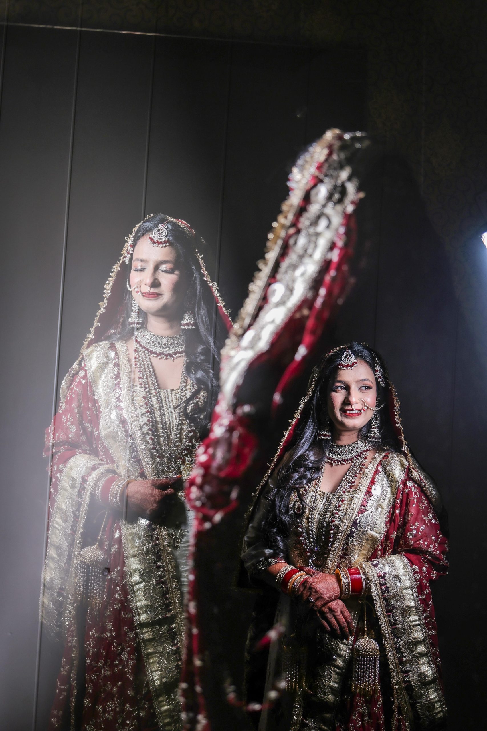 Bride and groom featured in an artistic layered wedding portrait